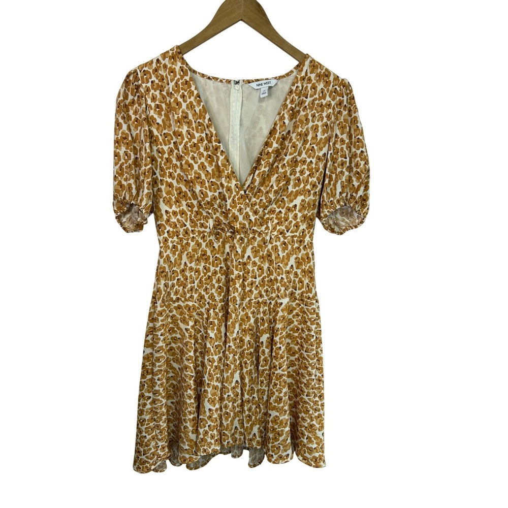 Nine West Boho Leopard Animal Print Mini Dress M V-Neck Puff Sleeve Flare